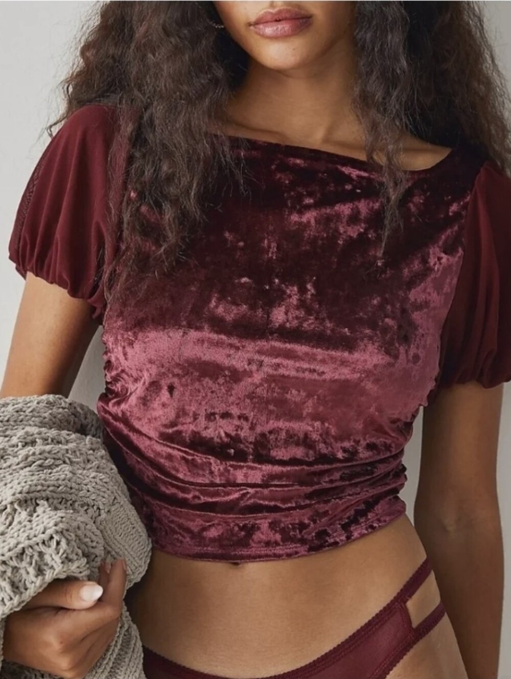 Free People Intimately Velvet Ruched Puff Sleeve Crop Top Cutout Back Large